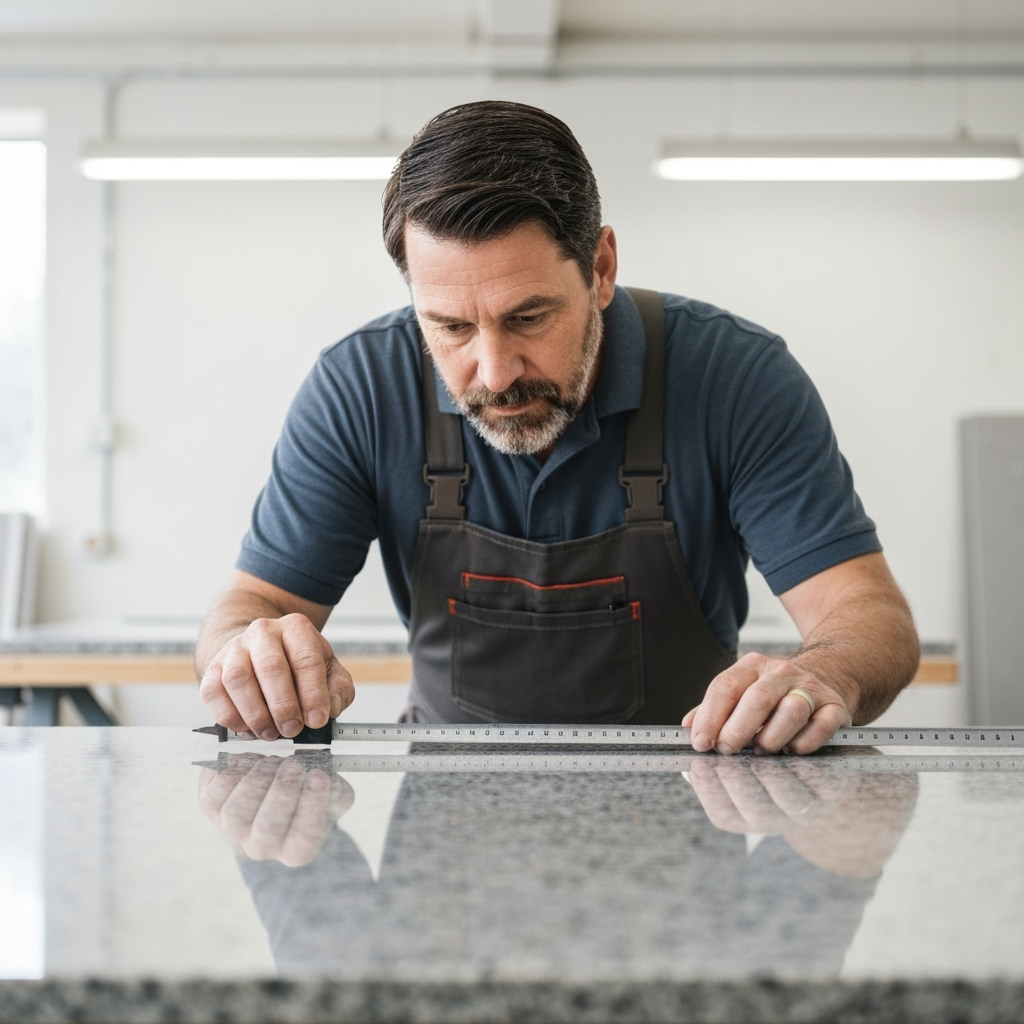 Professional measuring granite countertop with precision tools