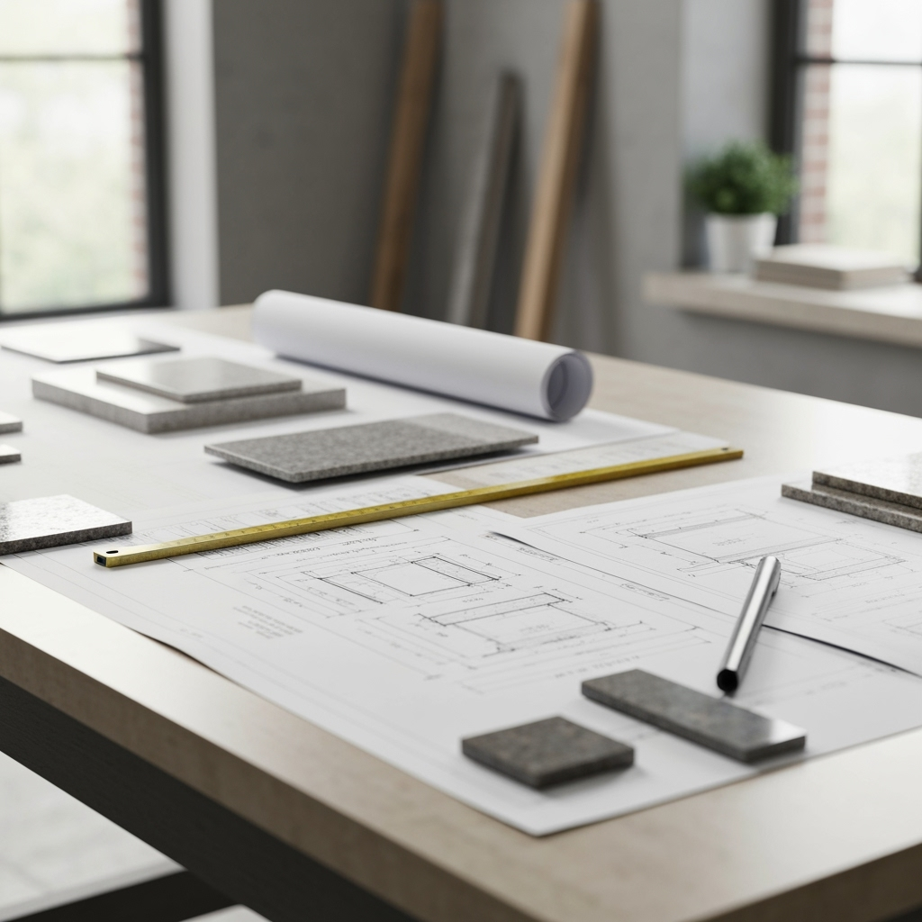 Detailed blueprint for granite countertop installation with tools