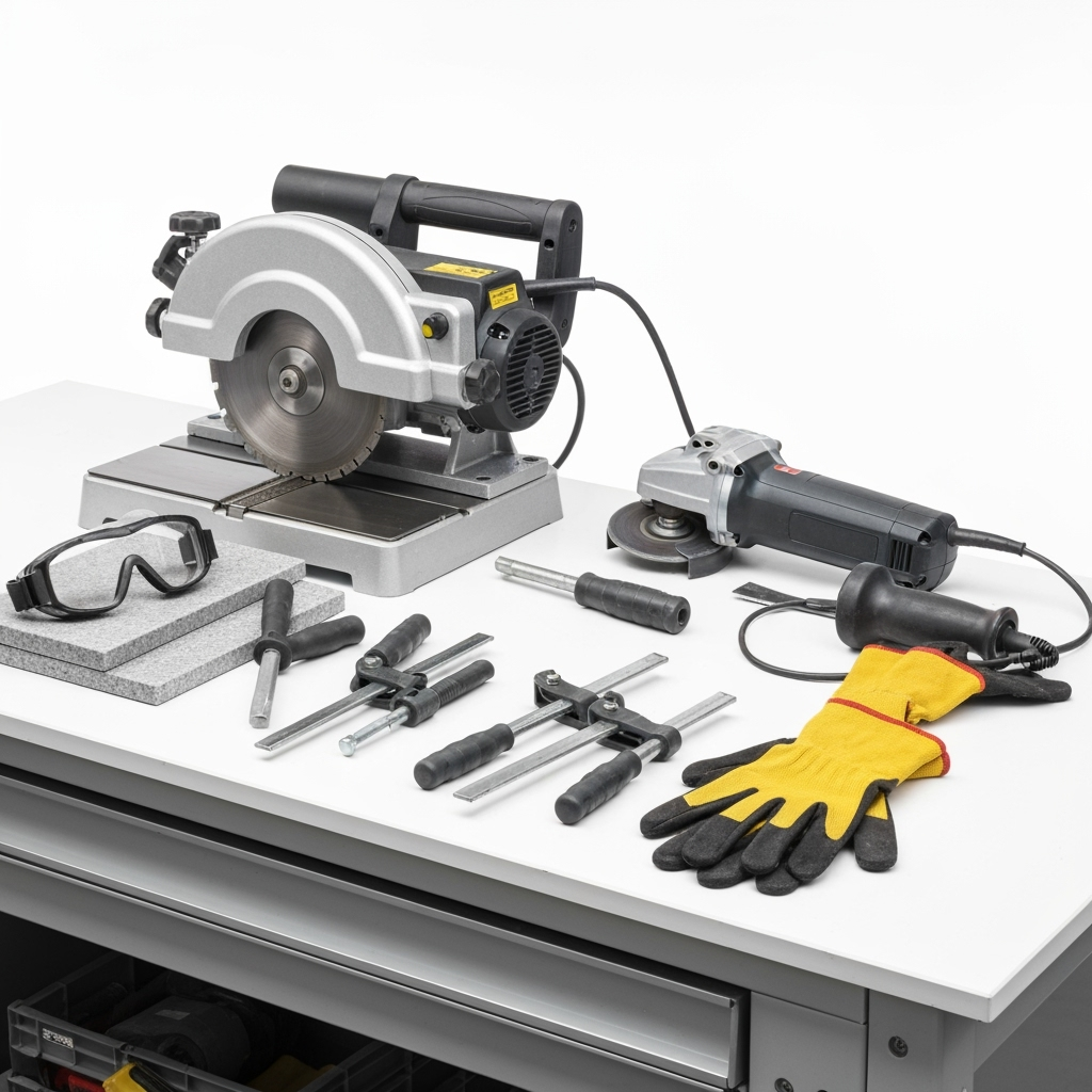 Assortment of specialized tools for granite installation, including a wet saw, angle grinder, clamps, and safety gear