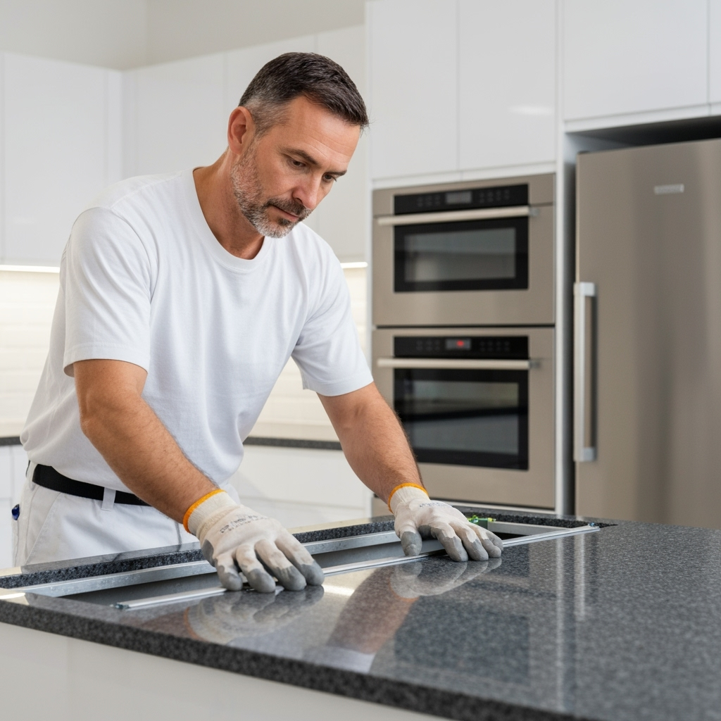 Professional installing a granite countertop in a modern kitchen, ensuring precise fit and finish