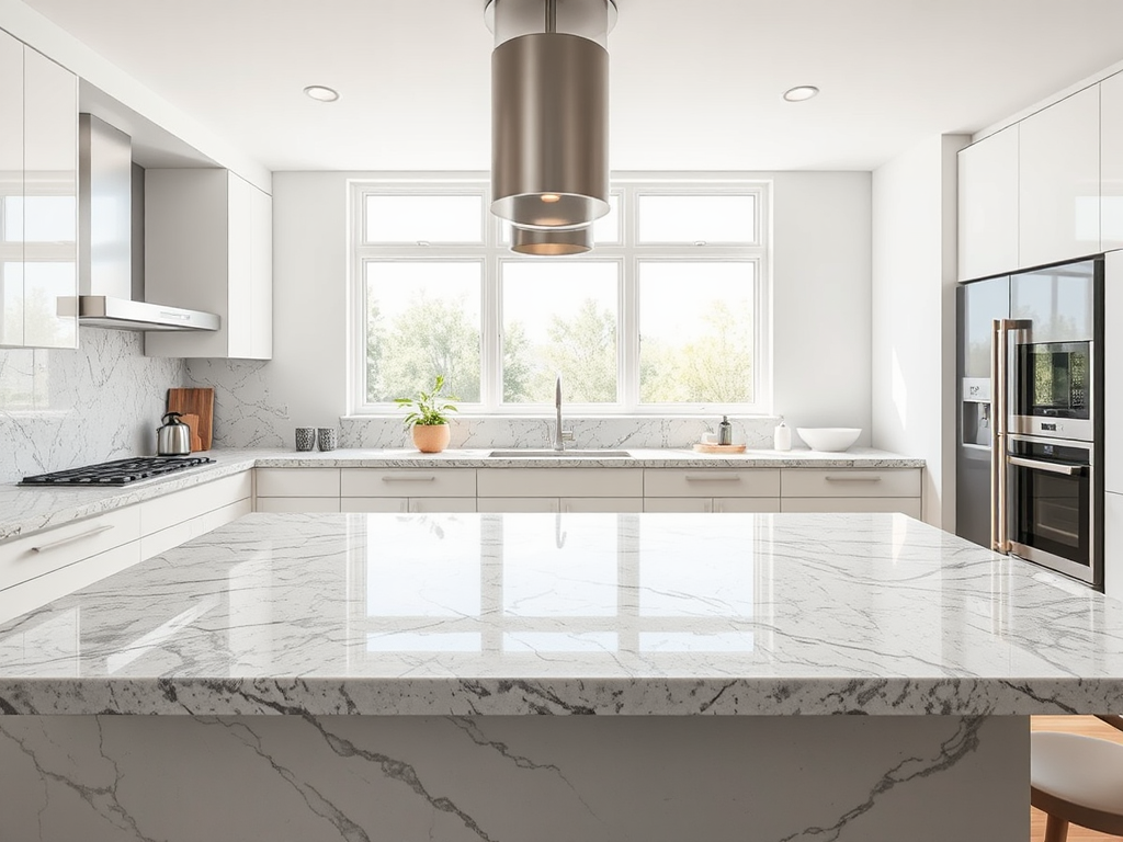 Modern kitchen with granite countertops, showing different grades and finishes