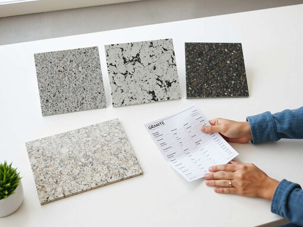 Person reviewing granite samples and price lists, making an informed decision