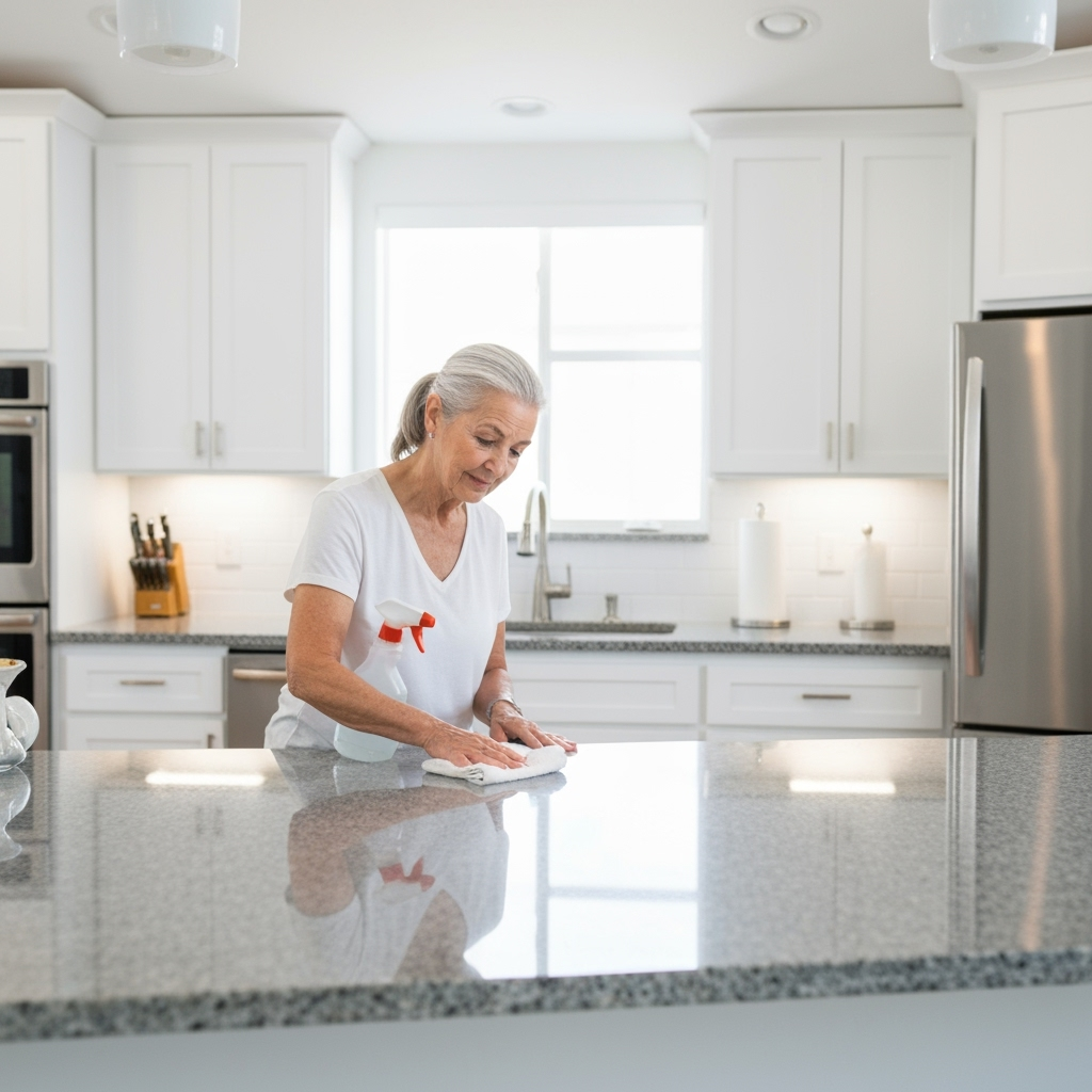 Person gently wiping a clean granite countertop with a soft cloth and spray bottle, bright kitchen setting, no text, no words, no typography, 8K
