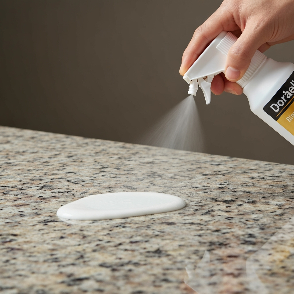 Close-up of a granite countertop being sealed with a professional sealant spray, soft lighting, no text, no words, no typography, 8K