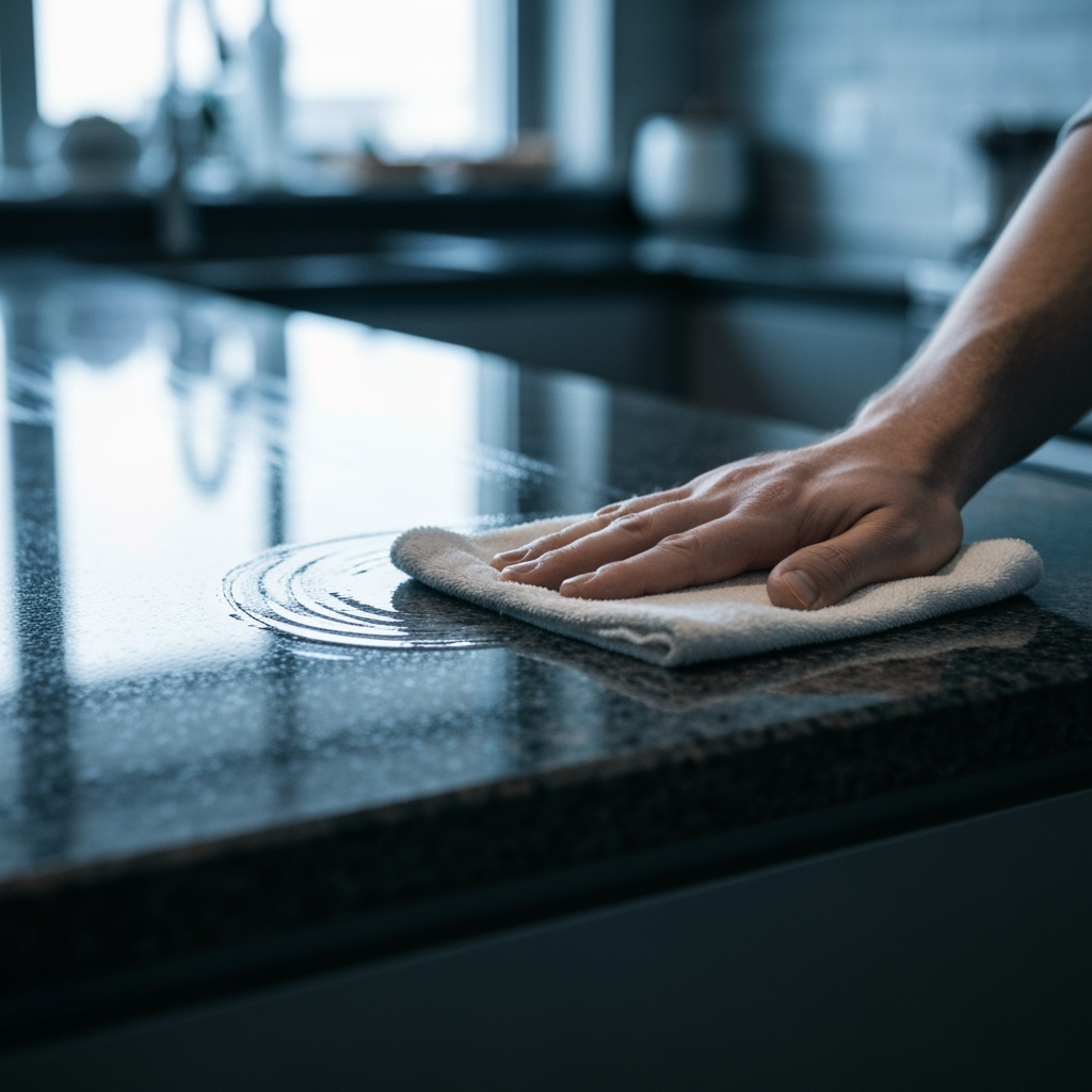 Close-up of a hand applying sealant to a granite countertop, showing a protective barrier forming