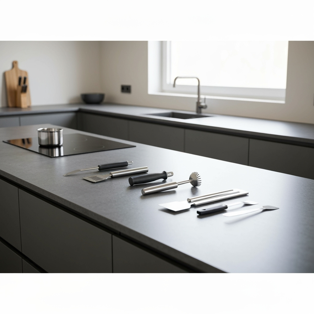 Modern kitchen with new countertops and professional tools laid out for installation