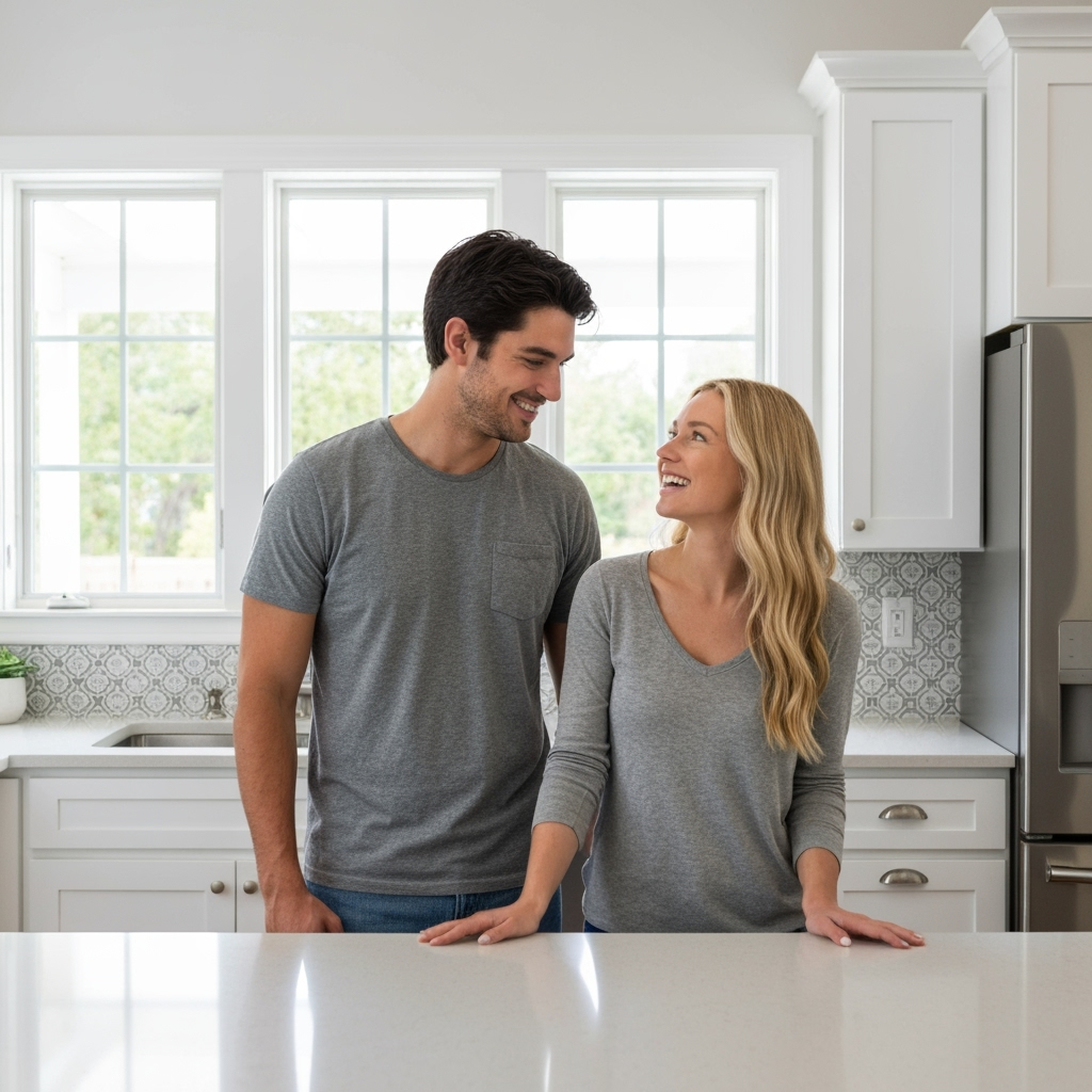 Happy couple admiring their newly installed kitchen countertops, clean and bright