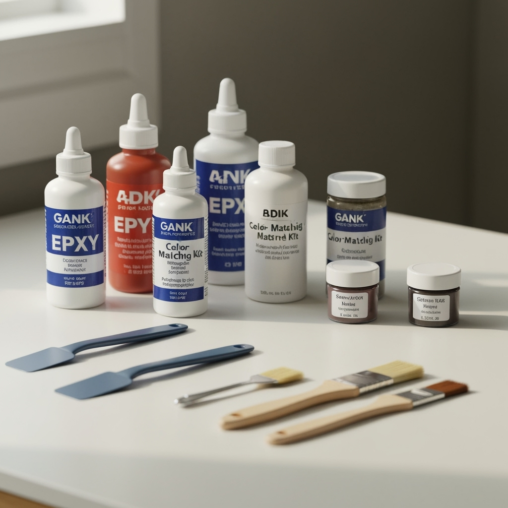Close-up of granite repair tools and materials laid out on a clean surface, with a focus on epoxy, resin, and color-matching kits, ready for DIY repair, no text, no words, no typography, 8K