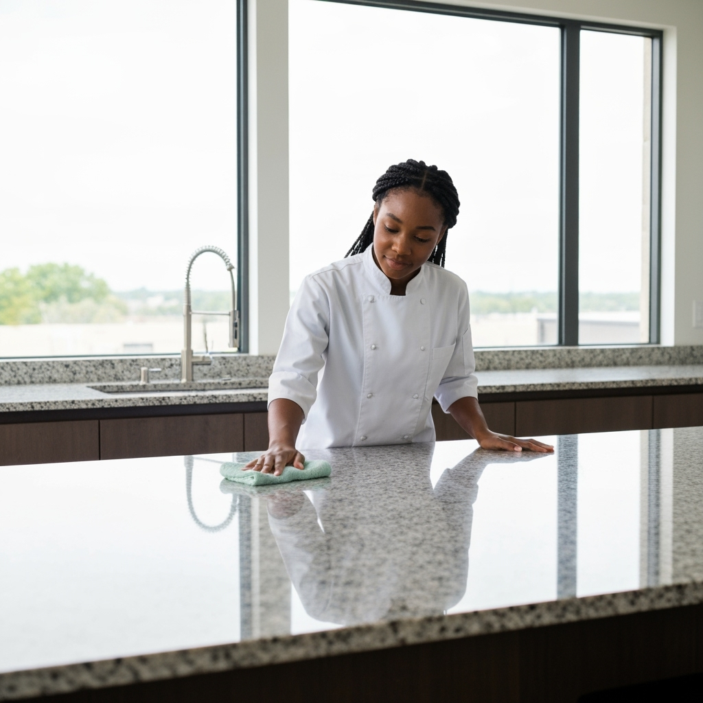 Modern kitchen with a pristine granite countertop, a person gently wiping it clean, emphasizing regular maintenance and care, bright and clean aesthetic, no text, no words, no typography, 8K