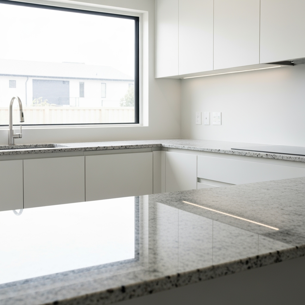 Modern kitchen with newly installed granite countertops, bright and clean