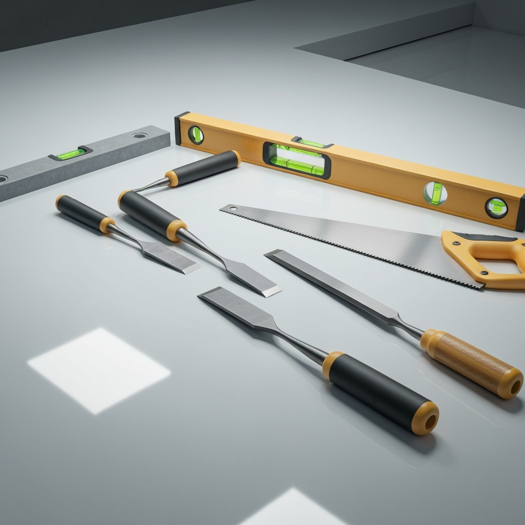 Tools for granite countertop installation laid out on a clean surface