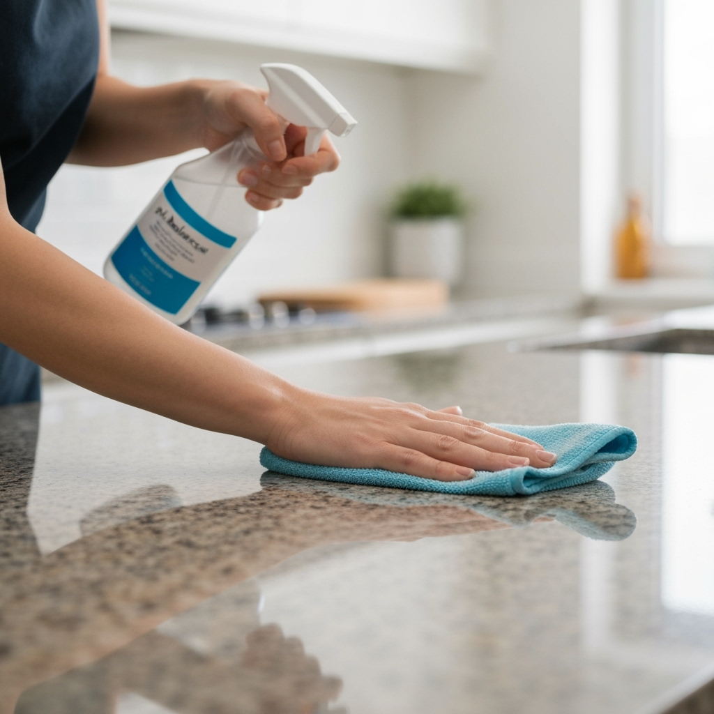 Person cleaning a granite countertop with a pH-balanced cleaner, close up of hands and spray bottle