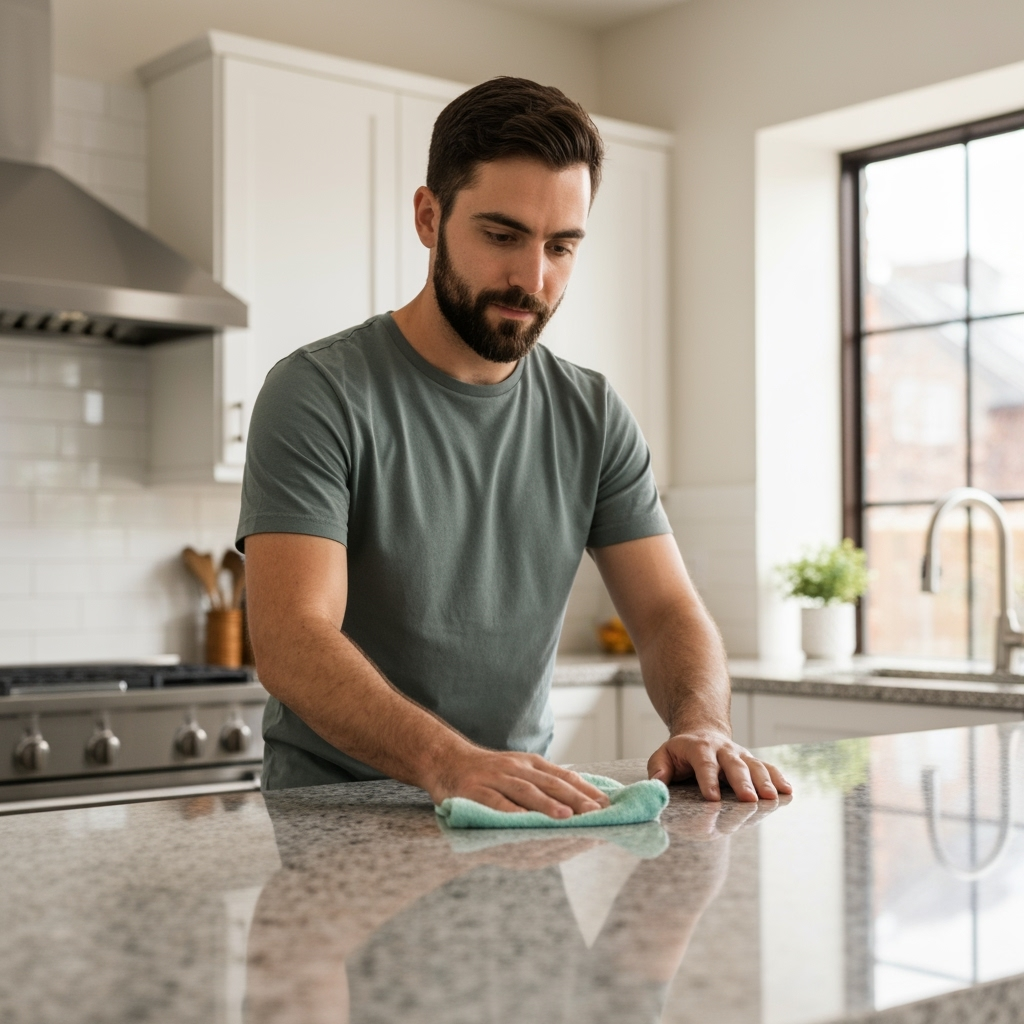 Person applying granite cleaner to a kitchen countertop