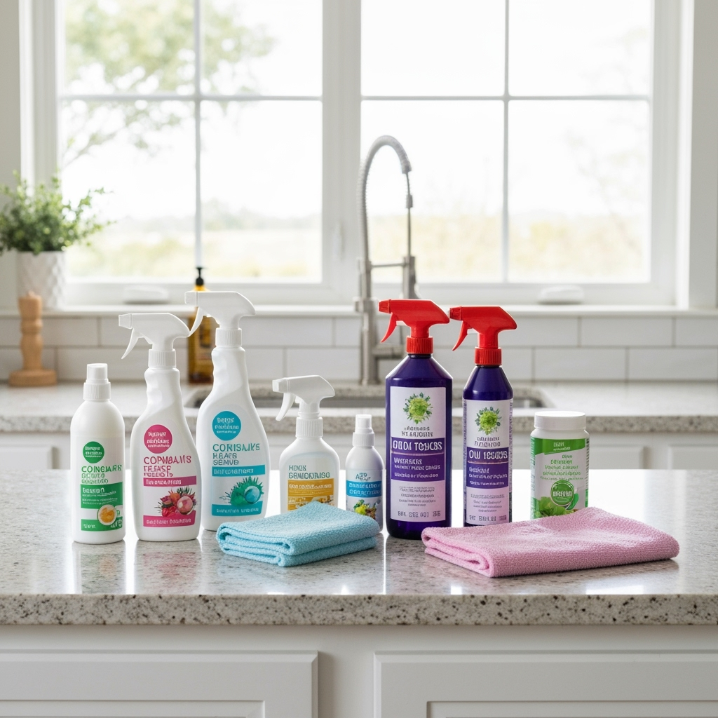Assortment of granite countertop cleaning supplies on a kitchen counter