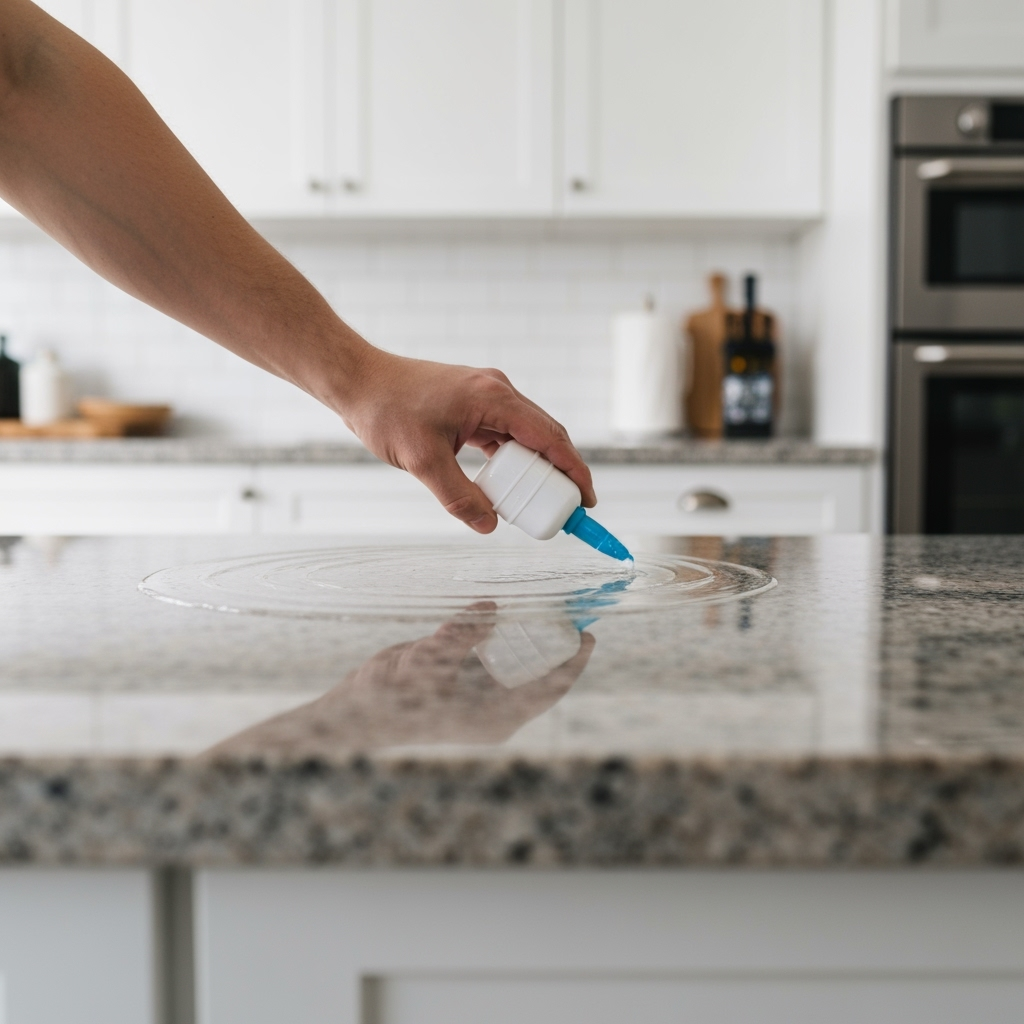 Close up of a hand applying sealant to a granite countertop, showing a protective layer