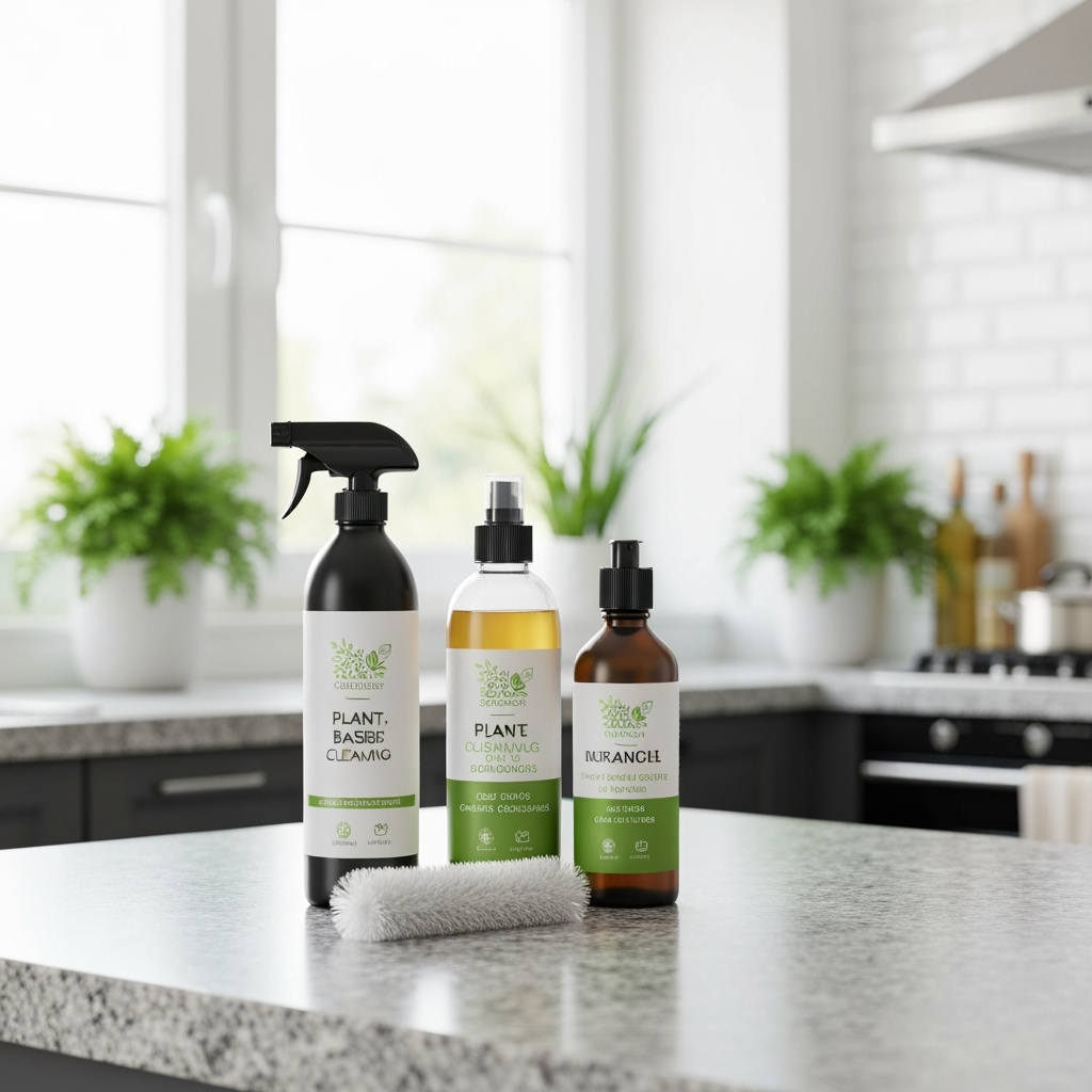 Eco-friendly granite cleaning products on a countertop with green plants