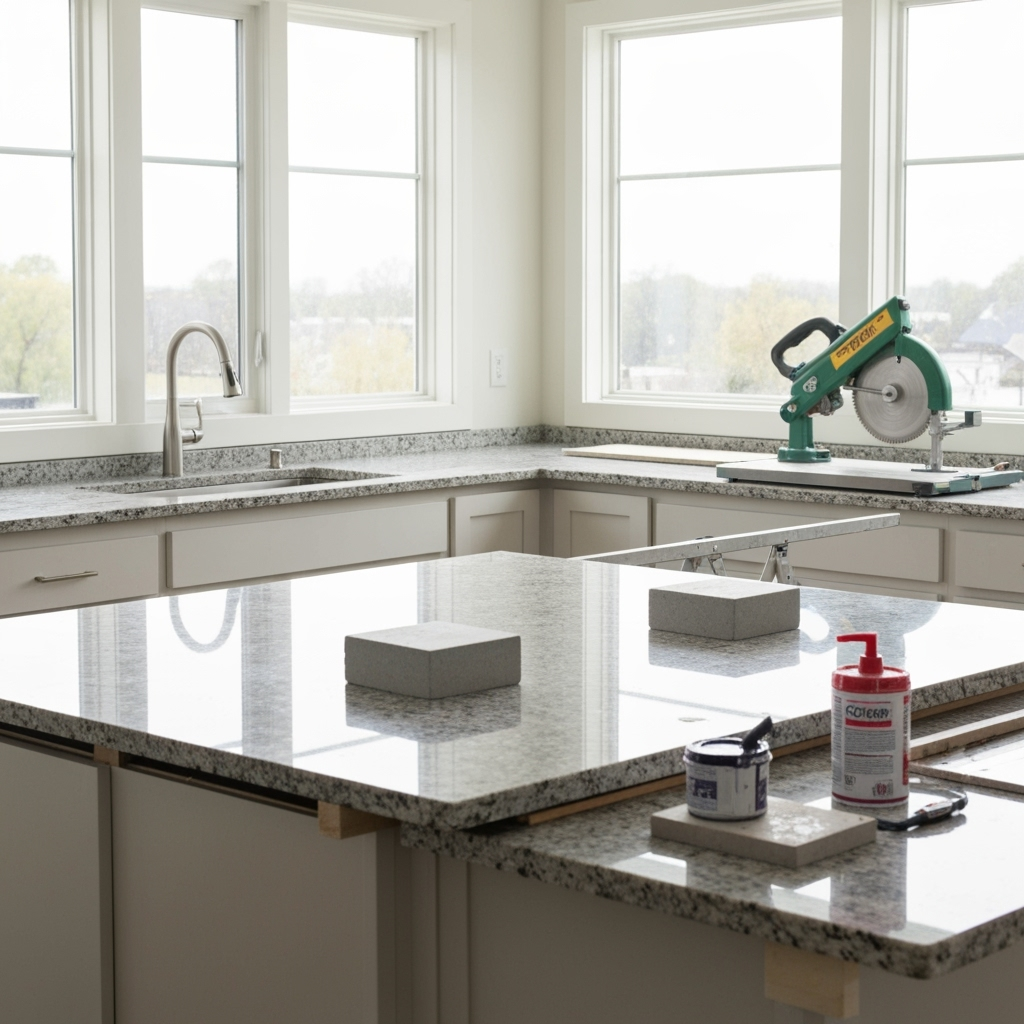 Kitchen with new granite countertops being installed, tools and materials visible, clean image