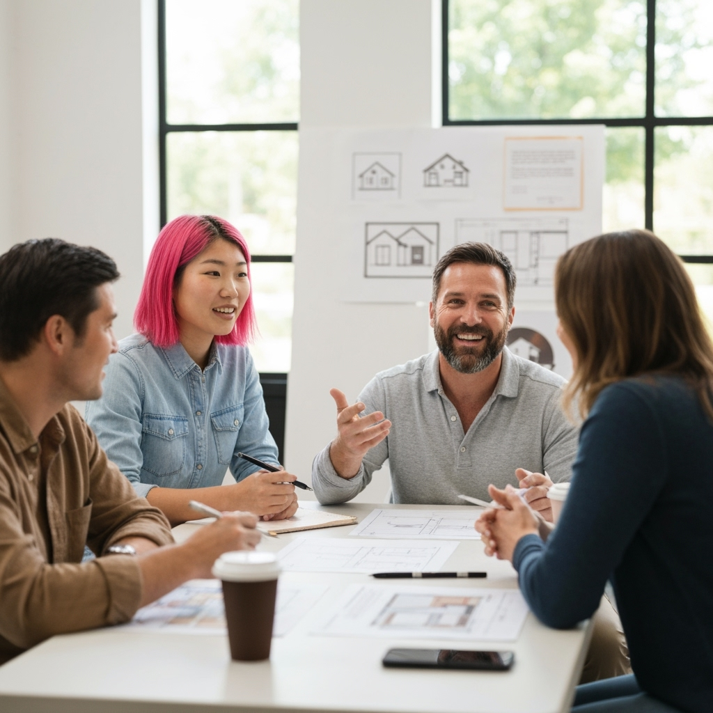 People discussing home remodel plans at a community workshop, bright and engaging atmosphere, clean image