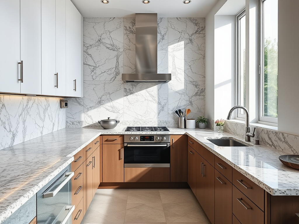 Modern kitchen with granite countertops, natural light