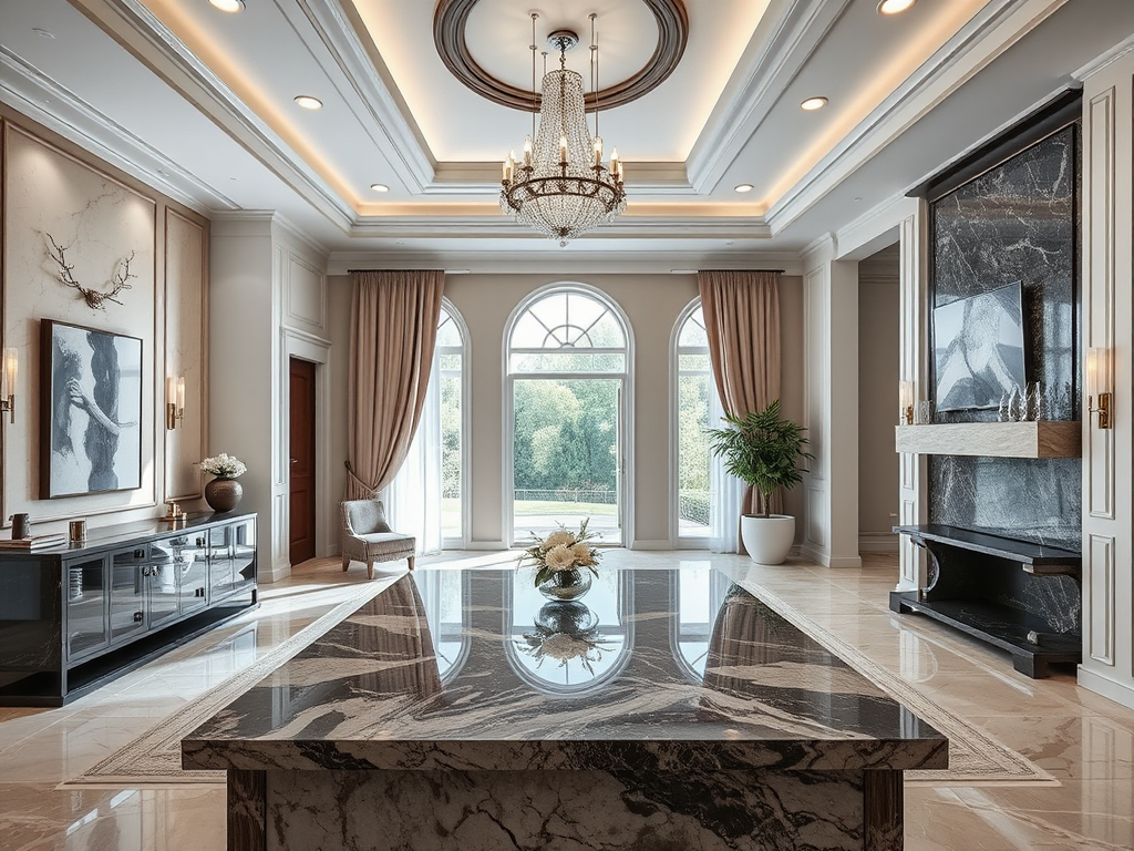 Elegant home interior with granite accents, high-end design